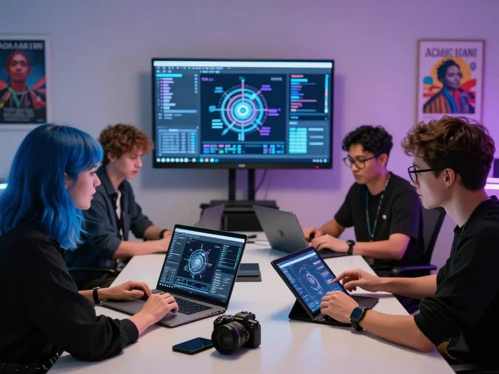 Artists collaborating on AI porn content in a creative studio environment, showcasing vibrant digital designs and innovative technology.