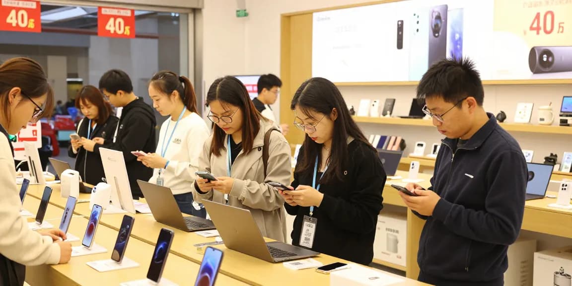 Engaging shopping scene at rokok 88 featuring diverse customers comparing gadgets and electronics.