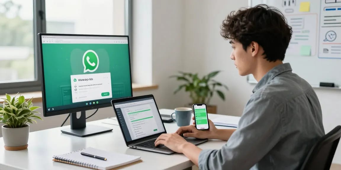 Professional using WhatsApp網頁版 on laptop in a modern workspace with coffee and plants.