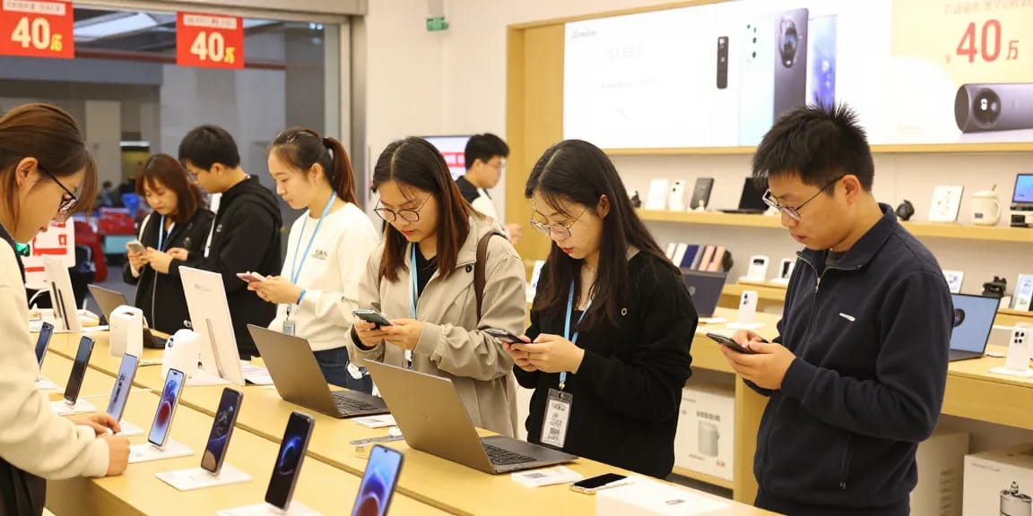 Engaging shopping scene at rokok 88 featuring diverse customers comparing gadgets and electronics.