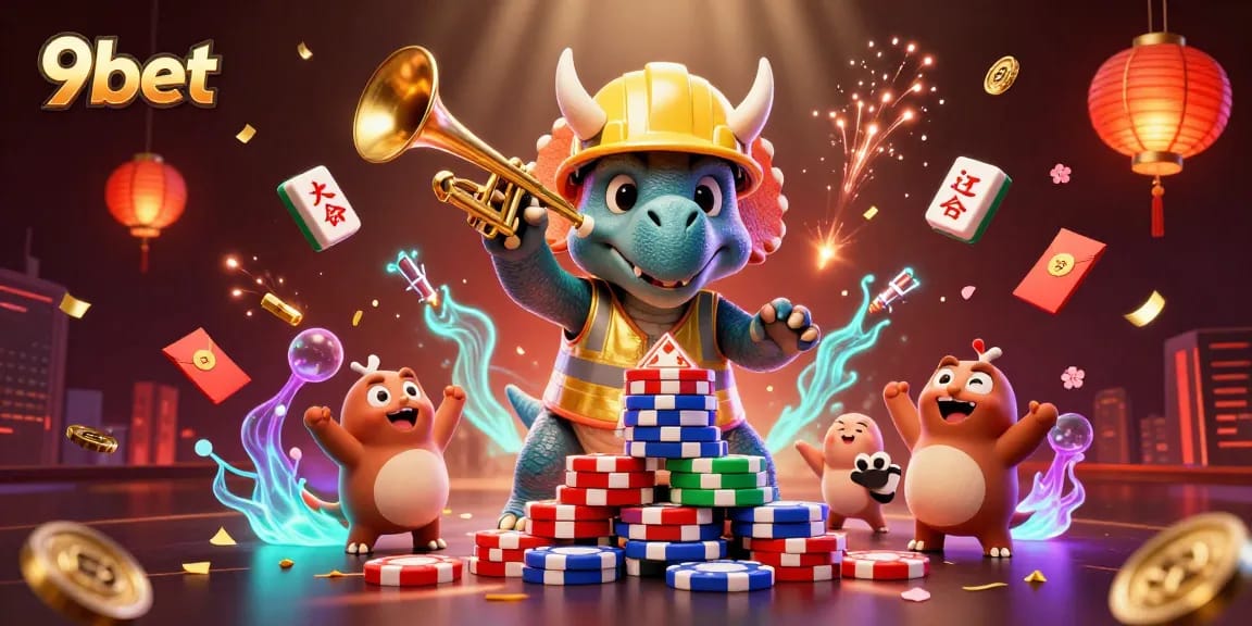 Celebrate winning strategies at 9bet with exciting 3D casino-themed visuals of triceratops and companions.