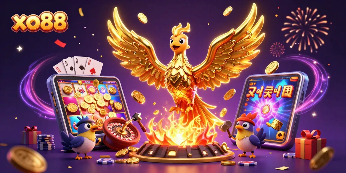 Experience the thrill of xo88 with a golden phoenix and dynamic casino elements in a vibrant illustration.