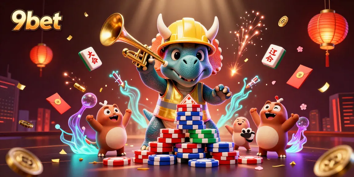 Celebrate winning strategies at 9bet with exciting 3D casino-themed visuals of triceratops and companions.