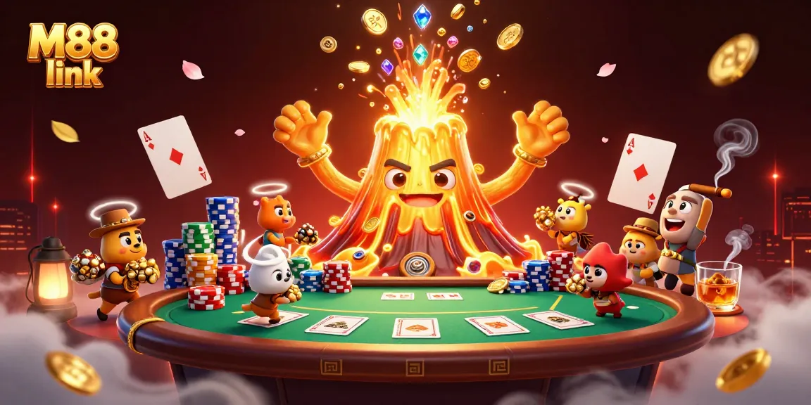Bet big with M88 link, featuring a golden volcano erupting treasures and poker tables.