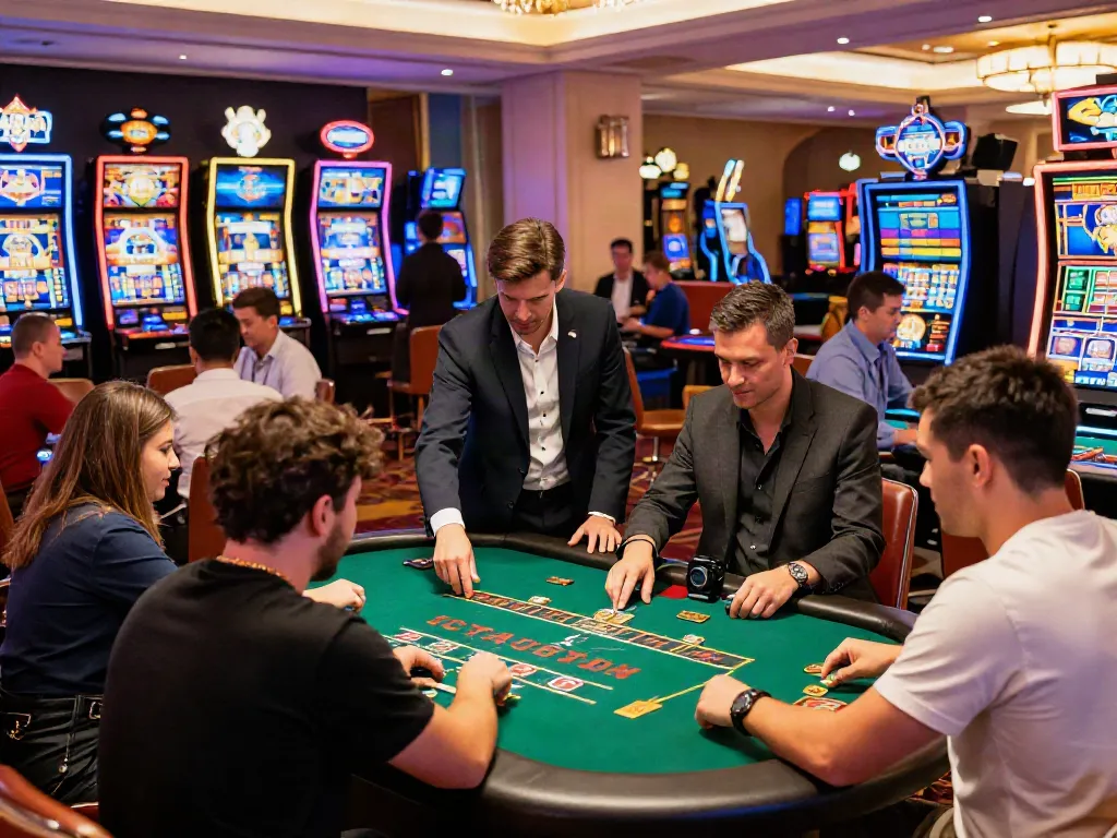 Exciting gaming atmosphere at MAN88 casino with diverse players and live dealers.