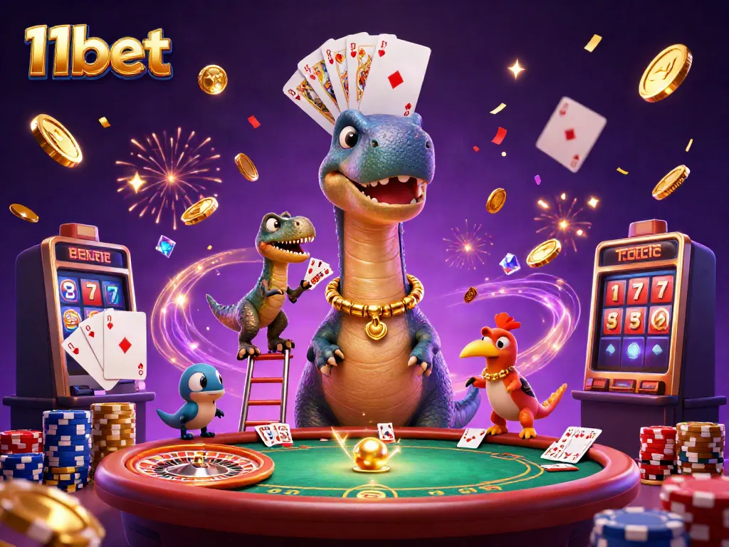 Experience thrilling fun at 11bet with a lively 3D casino scene including a tall brontosaurus and dynamic game elements.