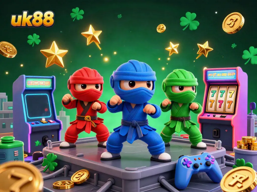 Engaging illustration of uk88's ninja chameleons amidst a colorful casino scene with lucky symbols and arcade games.