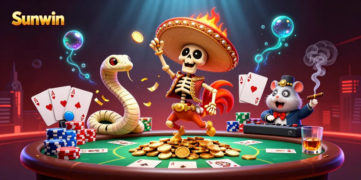 Sunwin showcases a vibrant 3D victory scene with cartoon characters amidst poker elements in a lively casino atmosphere.