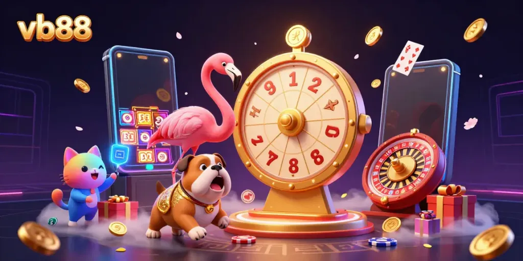 Experience thrilling wins with vb88, featuring a lively game show host flamingo and a lucky bulldog contestant!
