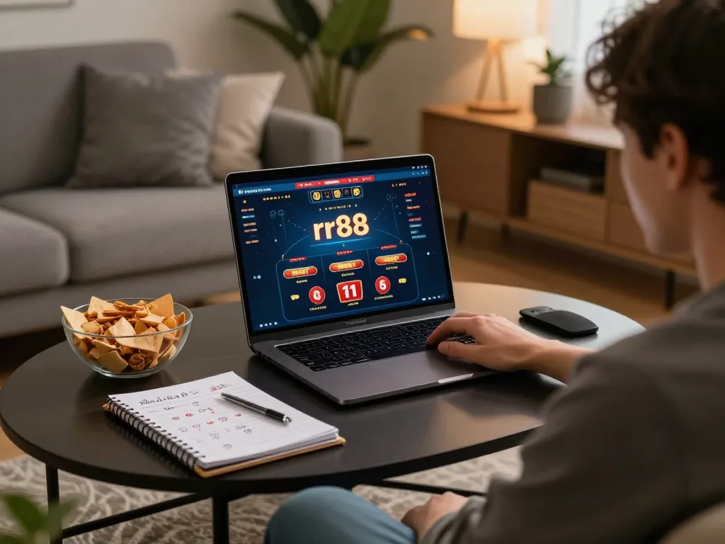 Experience thrilling online gambling at rr88 with a person playing casino games in a cozy home setting.