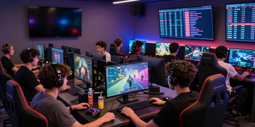 Exciting gaming atmosphere at Manclub, showcasing players engaging on high-end platforms and interactive LED displays.