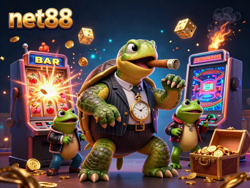 Experience vibrant gaming action at net88 with a cartoon turtle mobster and enforcers amidst slot machines and jackpots.