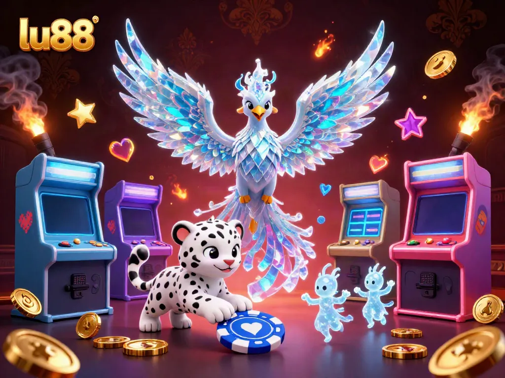 Engage with lu88 in an electrifying 3D illustration featuring characters and dynamic casino elements.