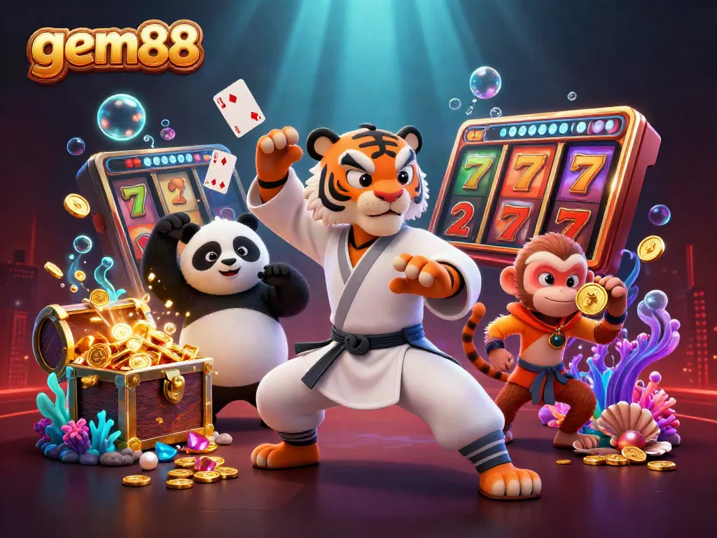 Experience thrilling wins with gem88, as a kung fu tiger and friends save treasures in this vibrant casino scene.