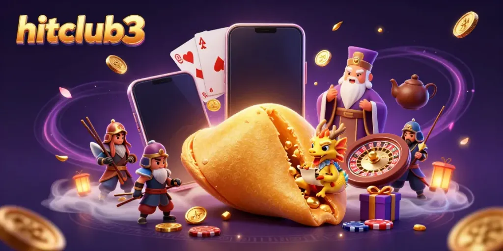 Experience thrilling gameplay at hitclub3 with a vibrant, energetic 3D illustration featuring a golden fortune cookie and slot games.
