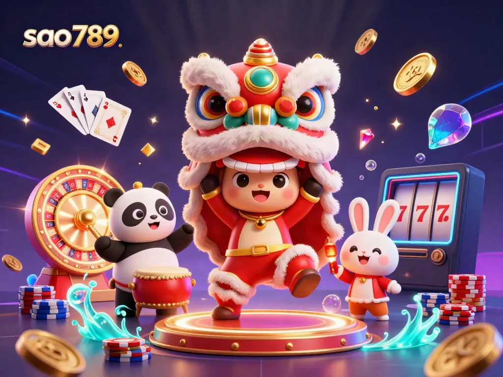 Sao789 showcases an exhilarating scene of a lion dance costume with a vibrant golden casino theme, including a drumming panda.