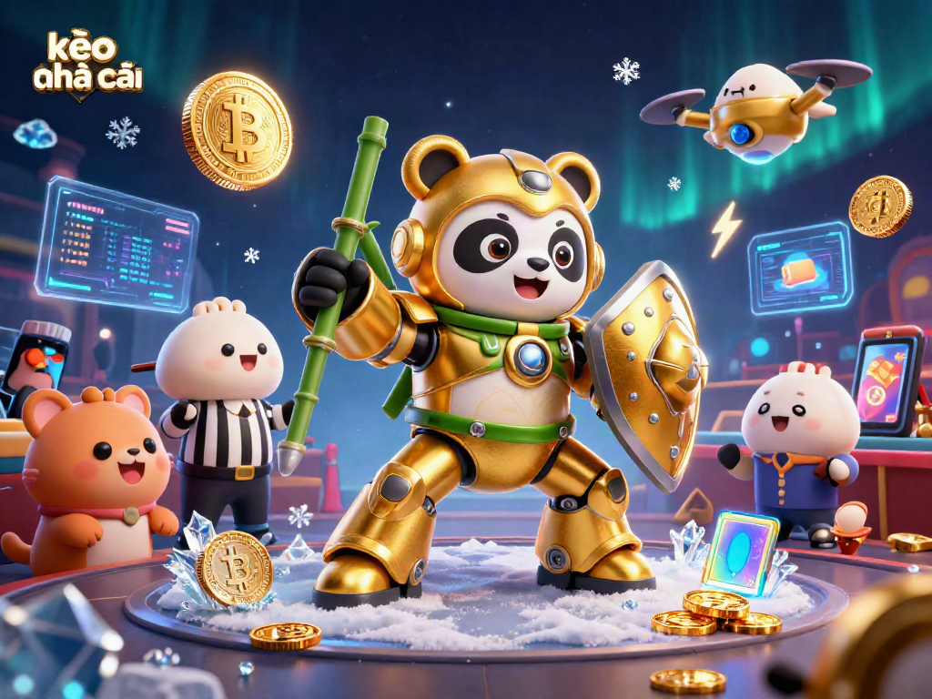 Engage with kèo nhà cái in immersive 3D casino illustration featuring crypto coins and a dynamic robot.