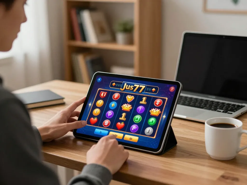 Player enjoying an immersive jus77 online slot experience in a cozy home setup.