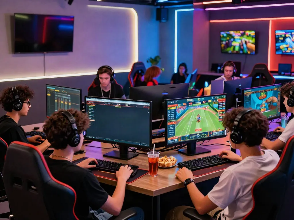Engaged friends in a modern gaming lounge at https://net88.broker/ betting online, showcasing a lively atmosphere with screens and snacks.