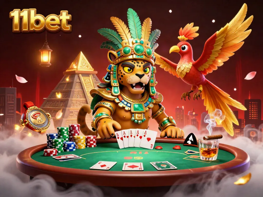 Join the thrilling world of 11bet with a vibrant poker scene featuring a Mayan jaguar priest and quetzal bird.