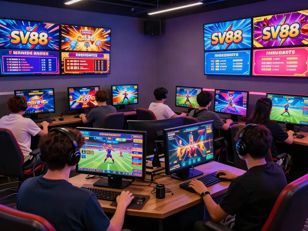 Experience the thrill of SV88's online gaming with players enjoying diverse games in a vibrant digital lounge.