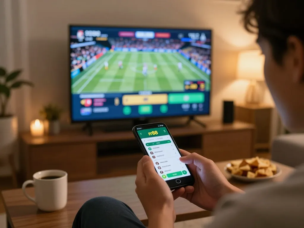 Person placing a bet on rr88 sports app, showcasing live odds and exciting events.