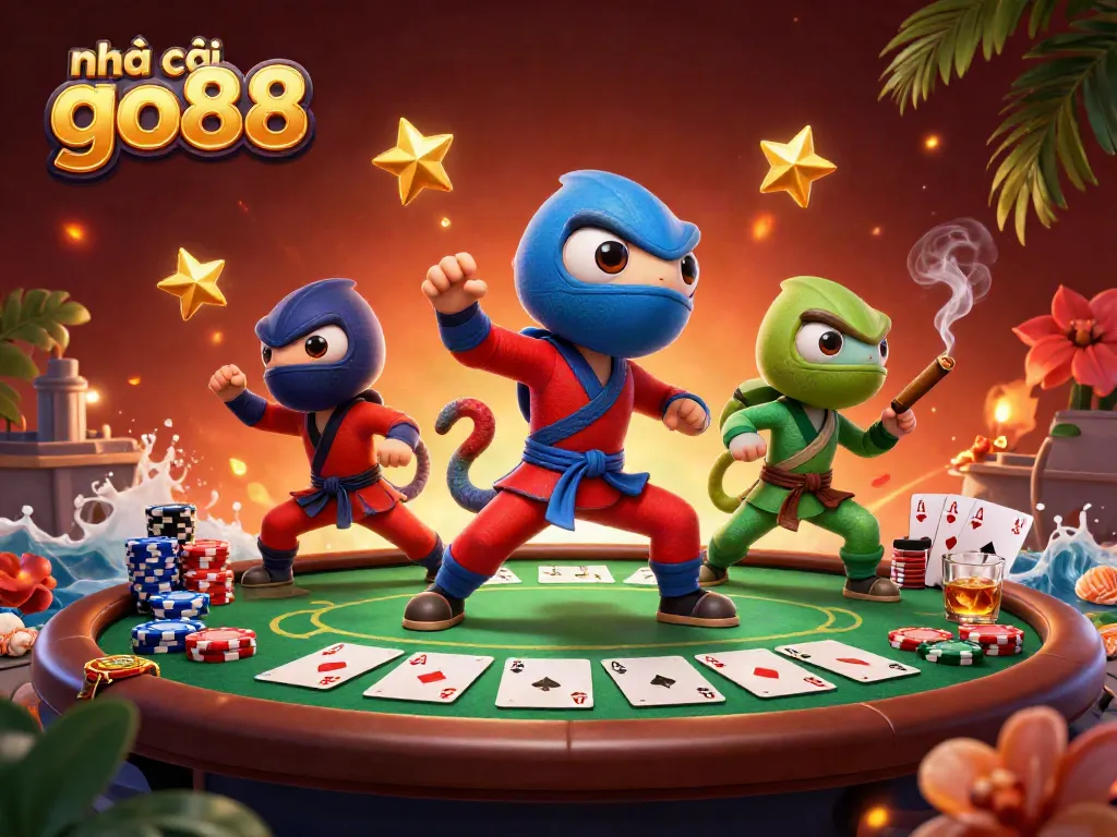 Experience the thrill of nhà cái go88 with ninja chameleons and poker action in a vibrant 3D illustration.