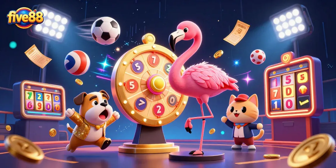 Experience the excitement at five88 casino as the game show host spins the golden prize wheel amidst dynamic sports elements.