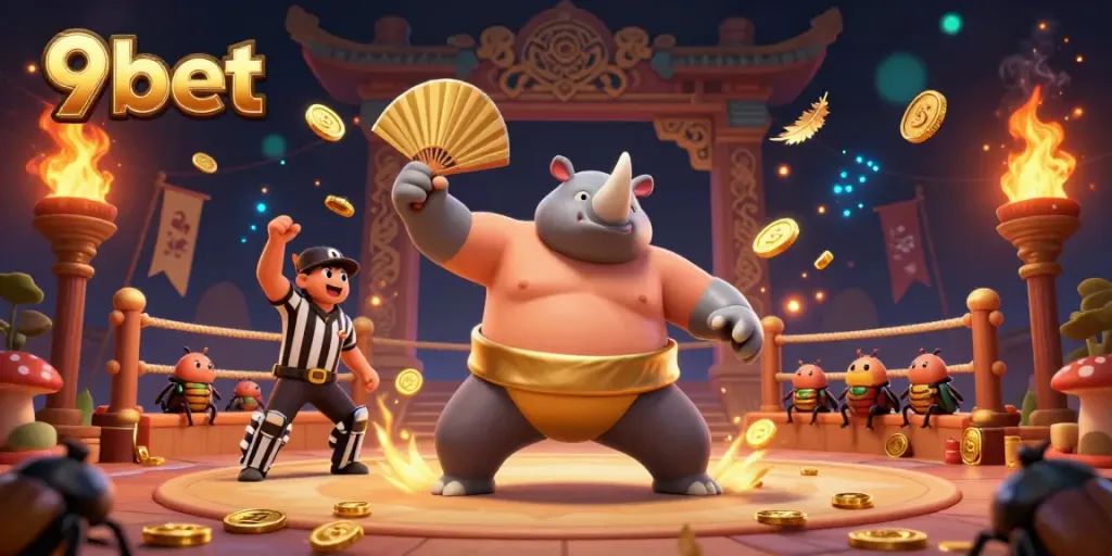 Engaging scene featuring 9bet's rhinoceros beetle champion amidst flying coins and a vibrant gambling arena.