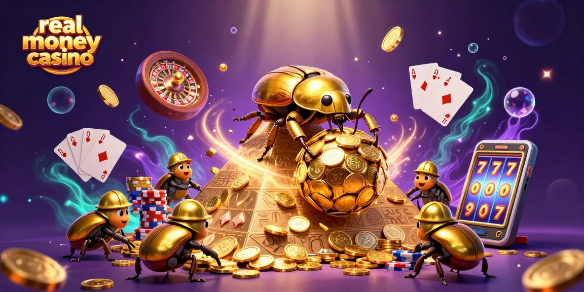 Engage with the vibrant scene showcasing a real money casino filled with golden coins and lively 3D elements.