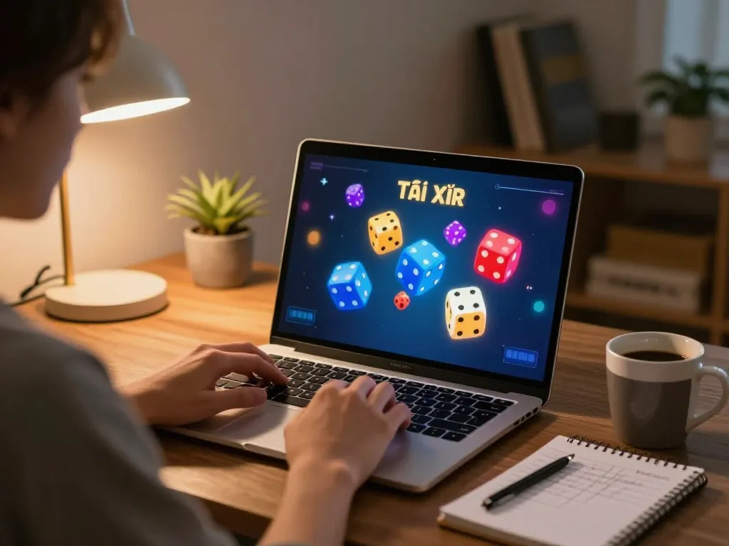 Tài Xỉu Online gameplay on laptop in a cozy home environment, showcasing strategic betting.