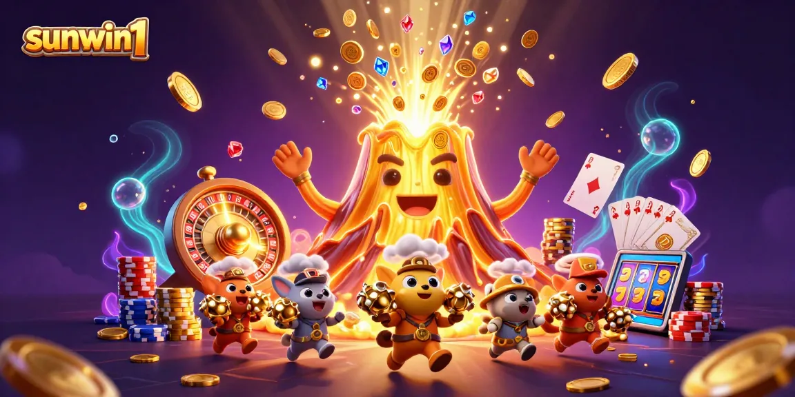Experience the excitement of sunwin1 with a stunning 3D volcano erupting coins, roulette, and treasures.