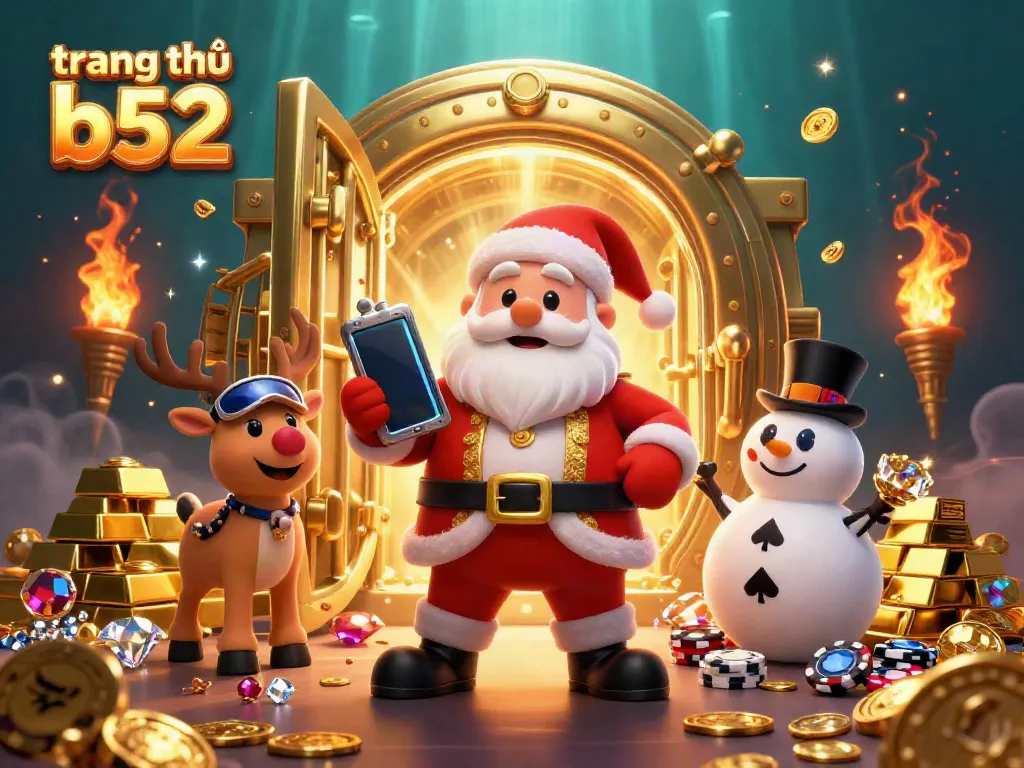 Experience the excitement at trang chủ b52 with Santa and friends in a casino setting, celebrating jackpots.