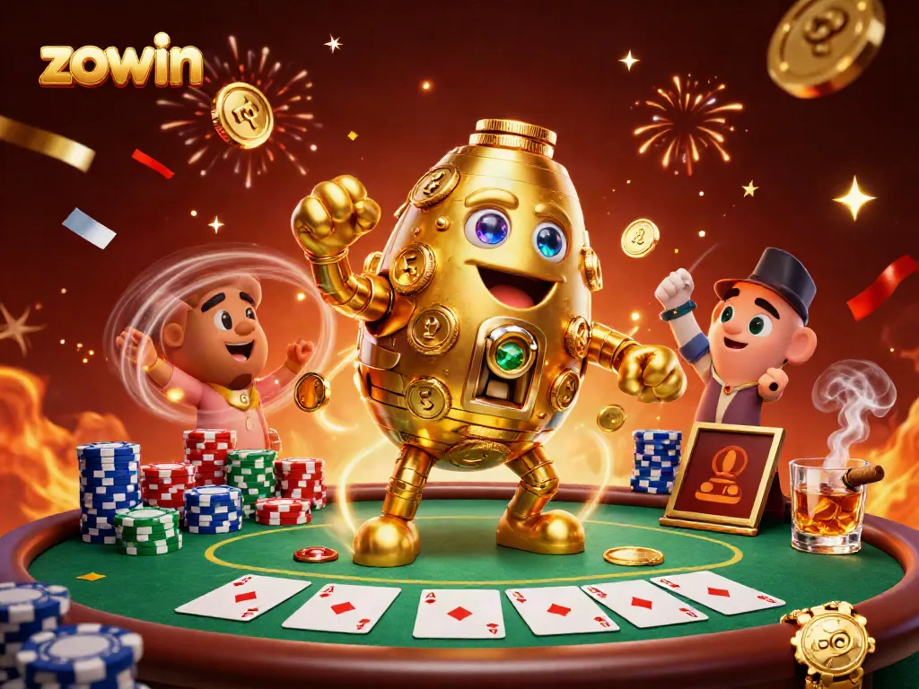 Zowin immersive poker scene featuring a golden golem and vibrant casino elements for gaming excitement.