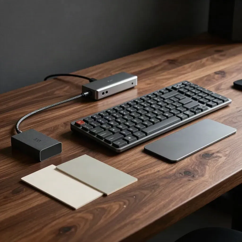 Klávesnice, trackpad a kalibrační kartičky na tmavém pracovním stole s dramatickým světlem.