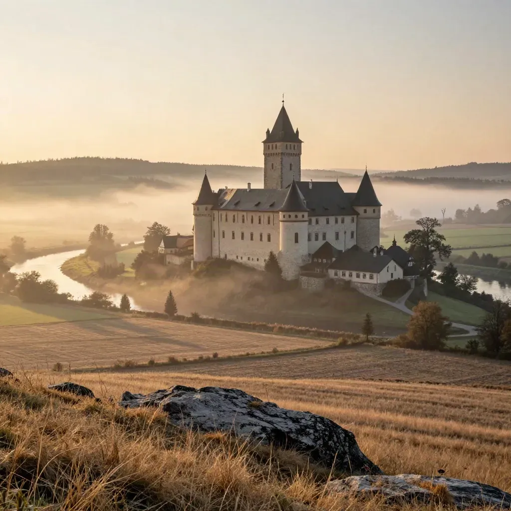 Karlštejn nad Berounkou v ranní mlze, slunce osvětluje hrad nad klidným údolím