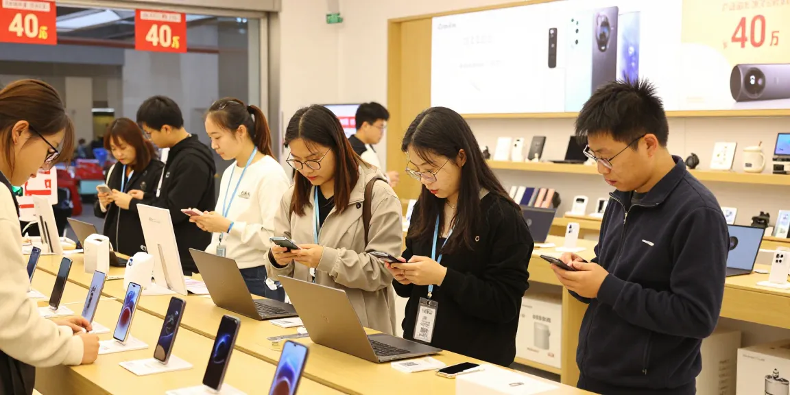 Engaging shopping scene at rokok 88 featuring diverse customers comparing gadgets and electronics.