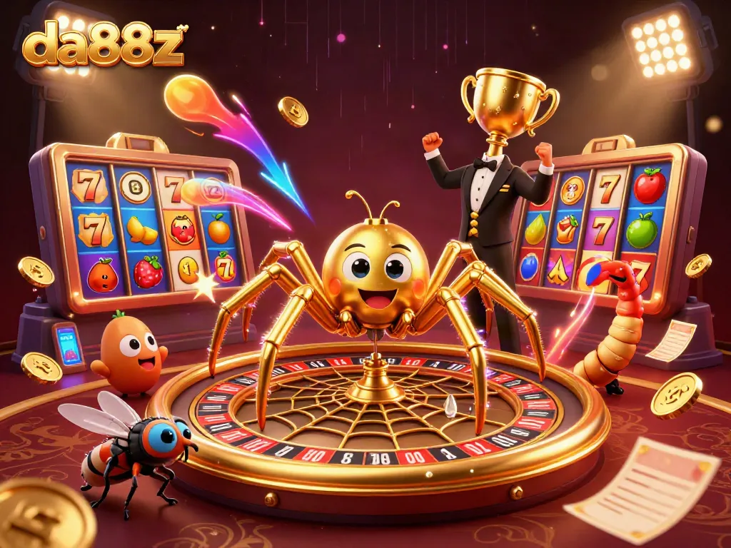 Experience the thrilling da88z casino atmosphere with a dynamic illustration of a golden spider and a host of exciting gaming elements.