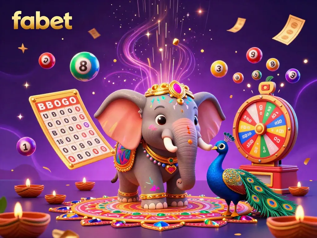 Experience the vibrant excitement of fabet with our festive 3D illustration featuring an elephant, lively game elements, and dynamic energy.
