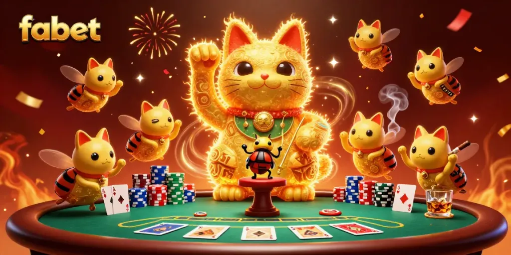 Engage with fabet's thrilling gaming experience featuring a lucky cat and casino symbols.