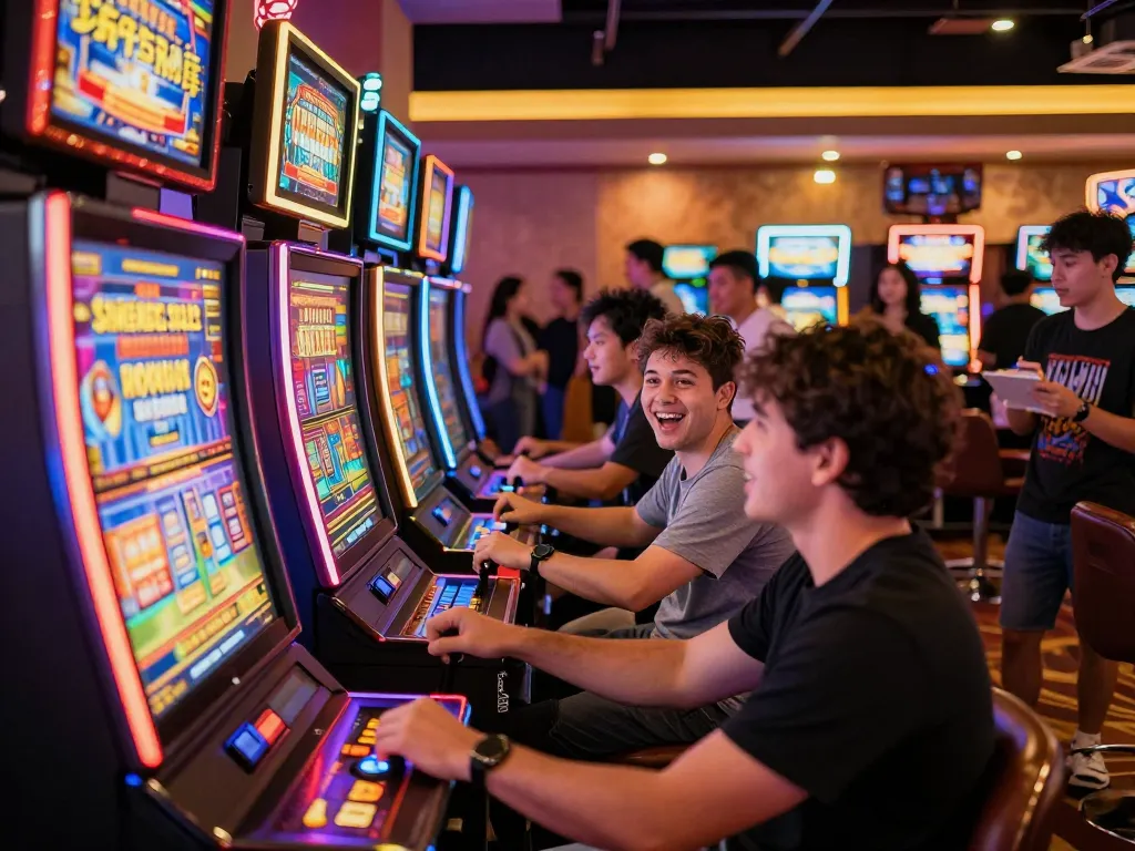 Pemain menikmati mesin slot rokok88 yang hidup dengan semangat di lingkungan kasino yang ramai.