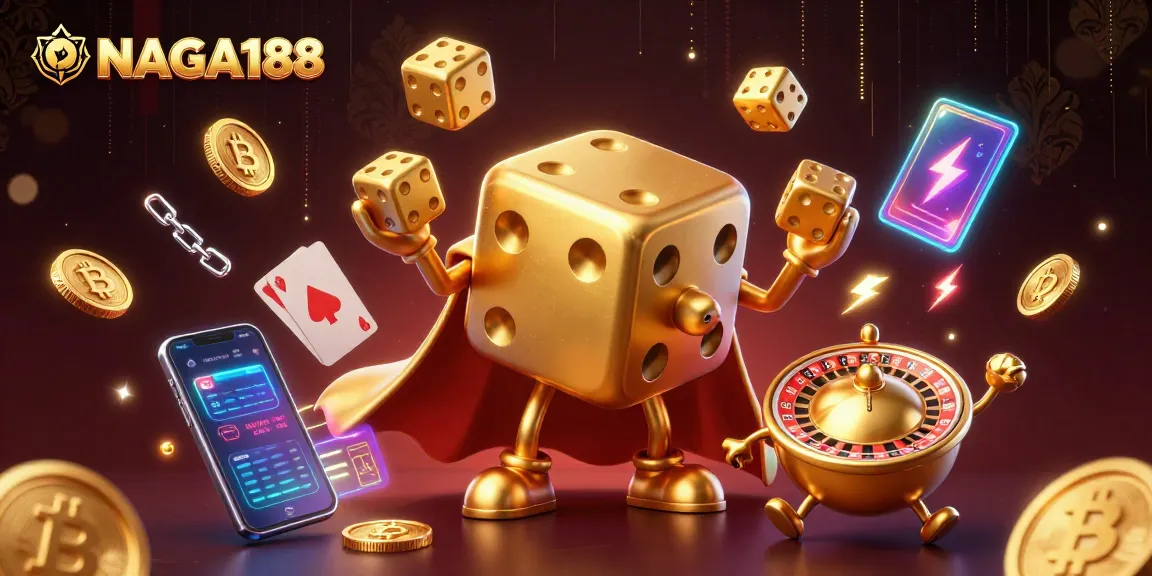 NAGA188 menghidupkan suasana casino dengan dadu emas 3D menggelinding dan koin crypto bersinar.