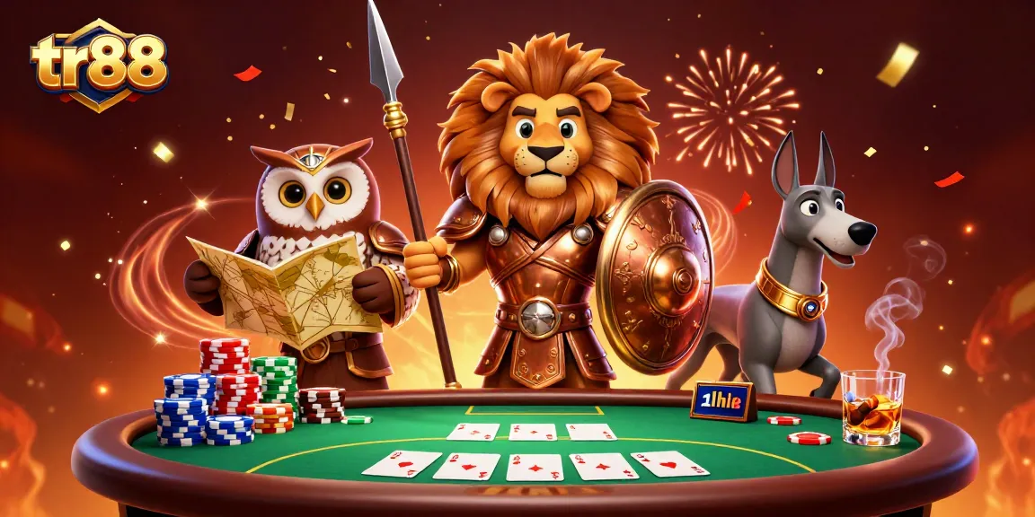 Engage in thrilling poker action at tr88, featuring a fierce lion, strategic owl, and swift greyhound in a vibrant casino setting.