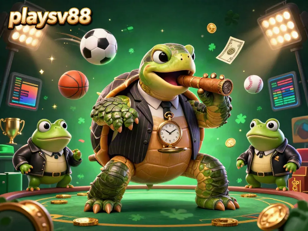 Engage with playsv88 in this vibrant casino scene featuring a snapping turtle gangster and bullfrog enforcers amidst dynamic sports elements.
