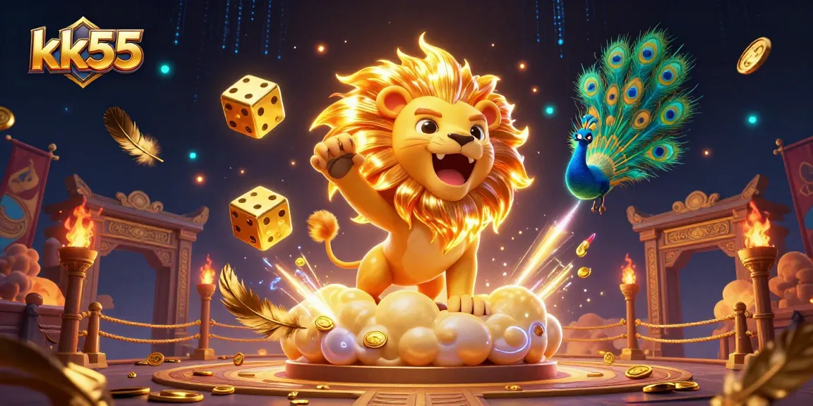 kk55 players enjoy thrilling gaming with a lion mascot, golden dice, and vibrant casino elements