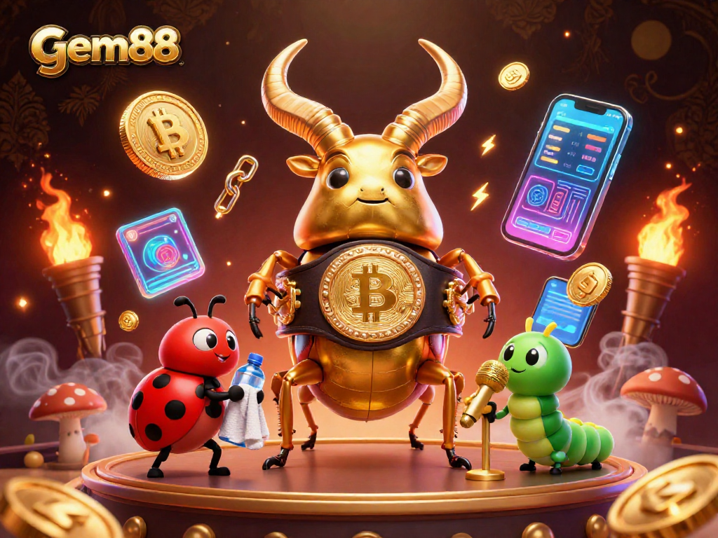 Experience the thrill of gem88 with a vibrant 3D scene featuring a golden stag beetle boxing champion.