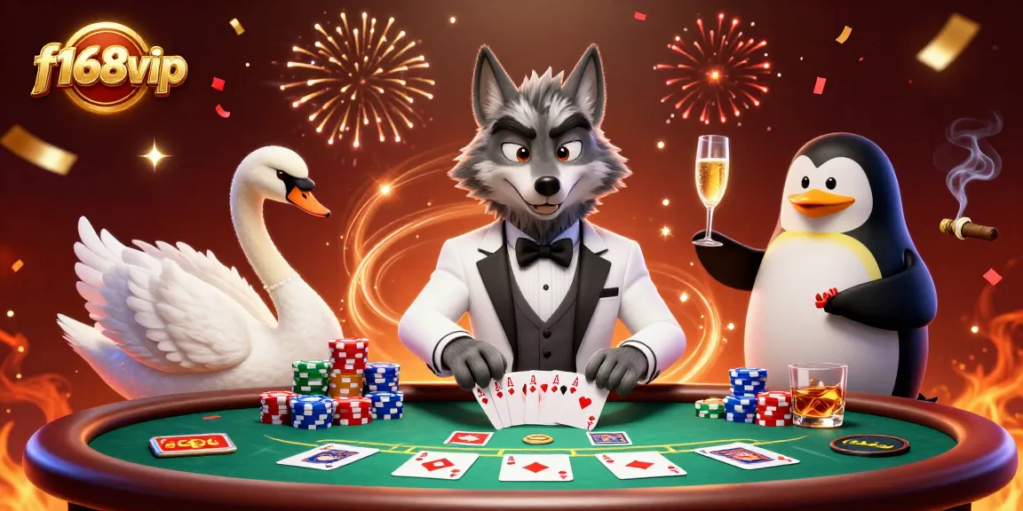 Experience the thrill of baccarat with the f168vip characters in a vivid gambling scene showcasing cards and champagne.