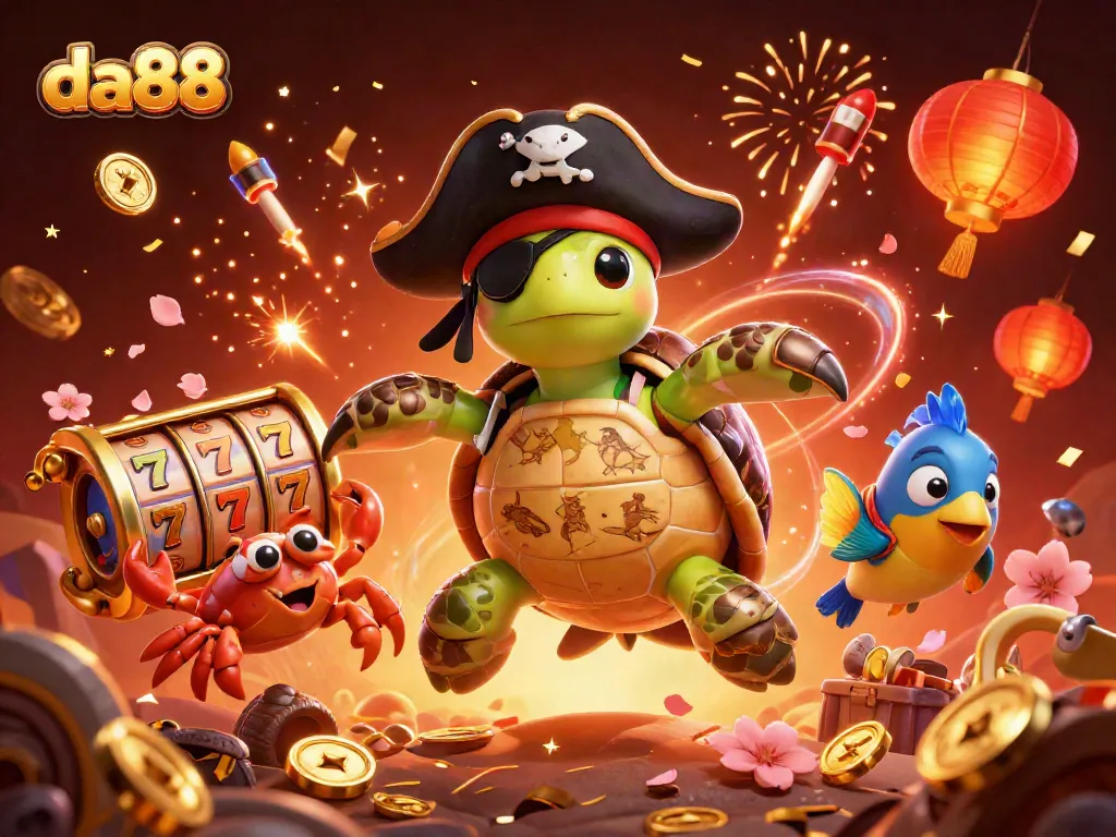 Engaging da88 gaming scene with vibrant characters, slot reels, and festive elements