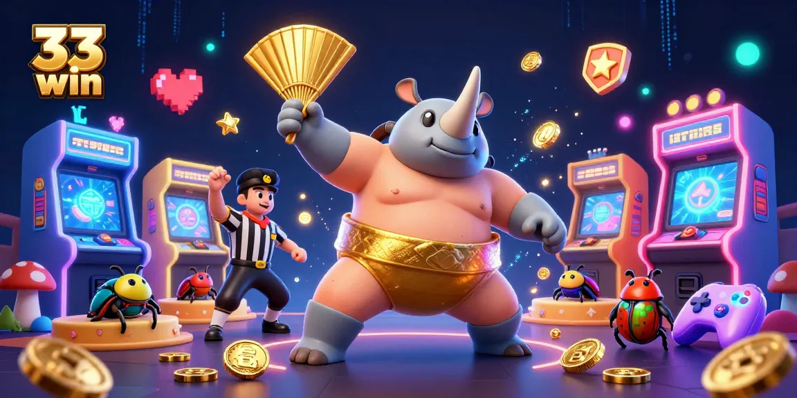 Experience 33 win excitement as a rhinoceros beetle champion stomps golden coins in this dynamic casino scene.