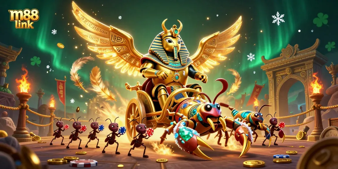 Join the excitement of m88 link with a vibrant 3D illustration of a golden scarab beetle and scorpion chariot amidst a dynamic gambling arena.